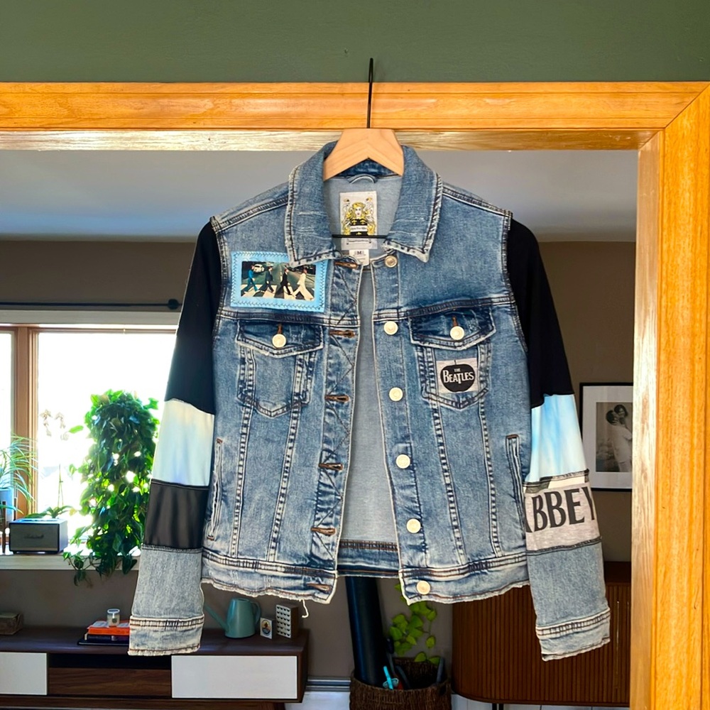 NWT, Foxy Lady, hand made denim jacket, Beatles Abbey Road, size Medium.